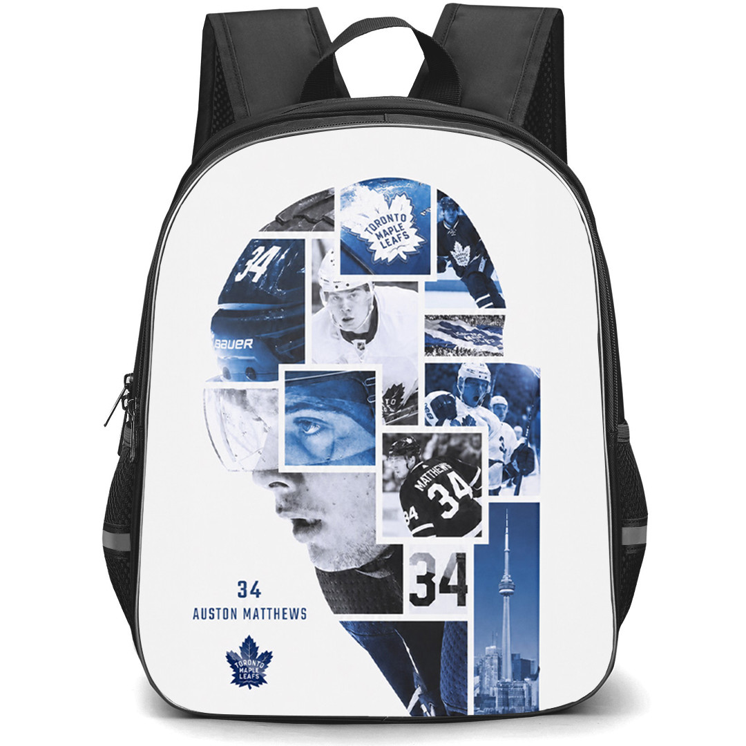 NHL Auston Matthews Backpack School Bag StudentPack - Auston Matthews Toronto Maple Leafs Blue White Collage Minimal Poster