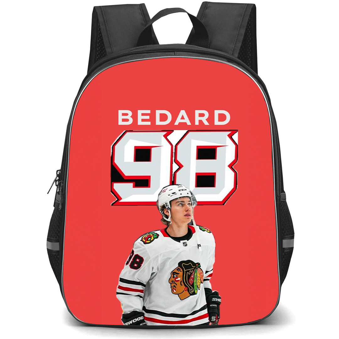 NHL Connor Bedard Backpack School Bag StudentPack - Connor Bedard 98 Chicago Blackhawks Clean Red Minimal Poster