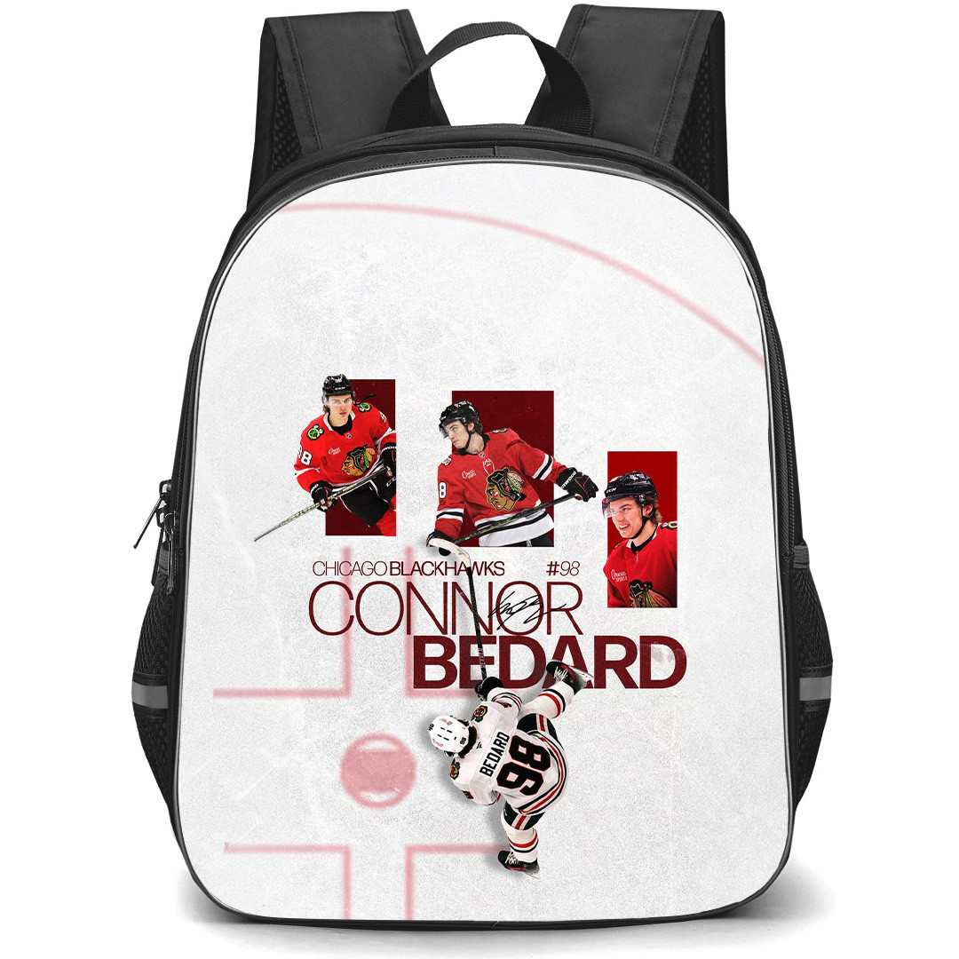NHL Connor Bedard Backpack School Bag StudentPack - Connor Bedard Chicago Blackhawks Editorial Collage Ice Rink Poster