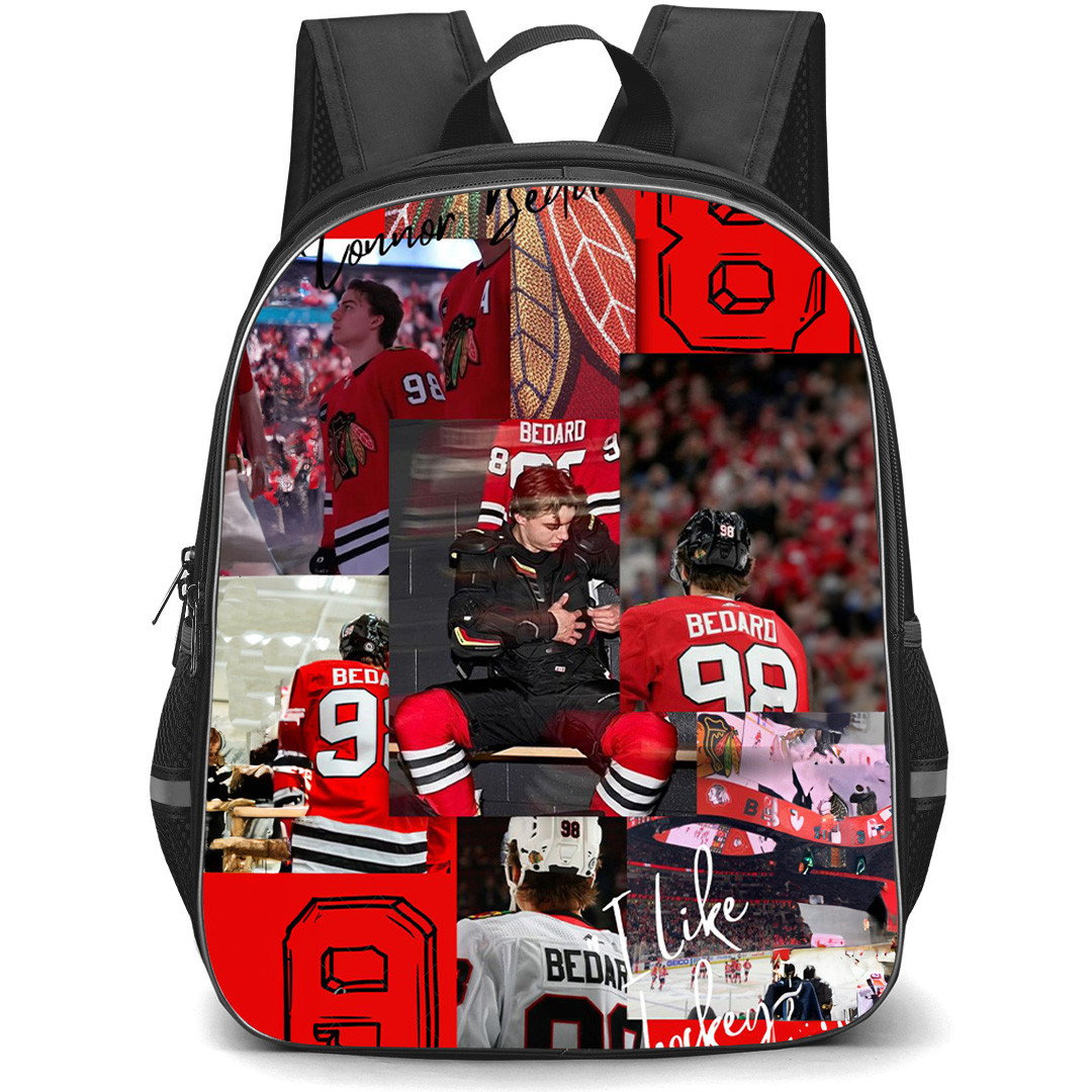 NHL Connor Bedard Backpack School Bag StudentPack - Connor Bedard Chicago Blackhawks Jersey Number Moodboard Poster