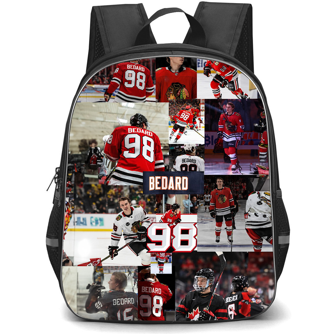 NHL Connor Bedard Backpack School Bag StudentPack - Connor Bedard Chicago Blackhawks Jersey 98 Collage Aesthetic Poster