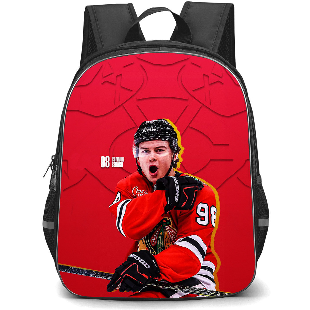NHL Connor Bedard Backpack School Bag StudentPack - Connor Bedard Chicago Blackhawks Red Jersey Goal Celebration Poster