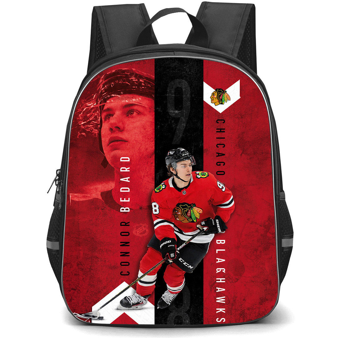 NHL Connor Bedard Backpack School Bag StudentPack - Connor Bedard Chicago Blackhawks Vertical Red Black Sports Art Poster