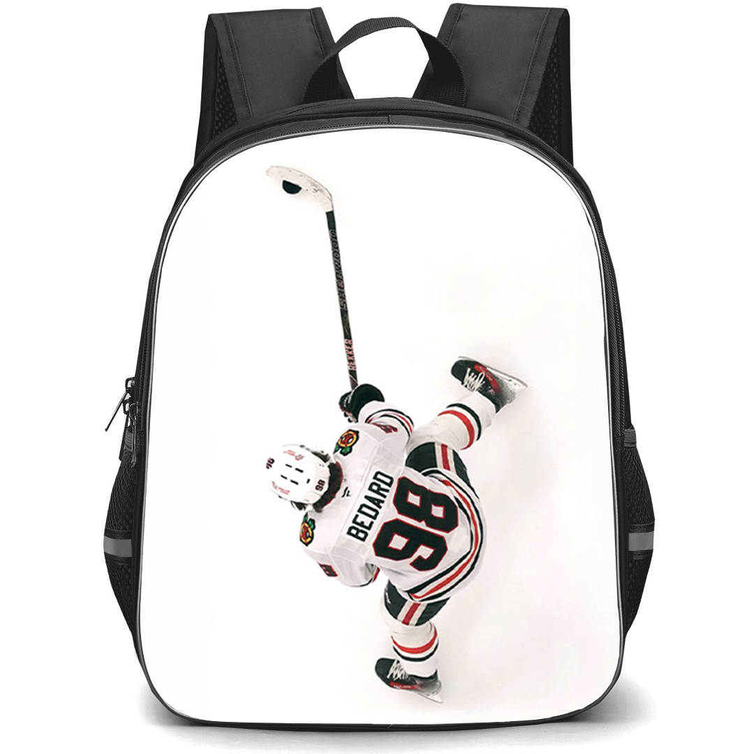 NHL Connor Bedard Backpack School Bag StudentPack - Connor Bedard Chicago Blackhawks White Jersey Clean Minimal Aerial Photography Poster