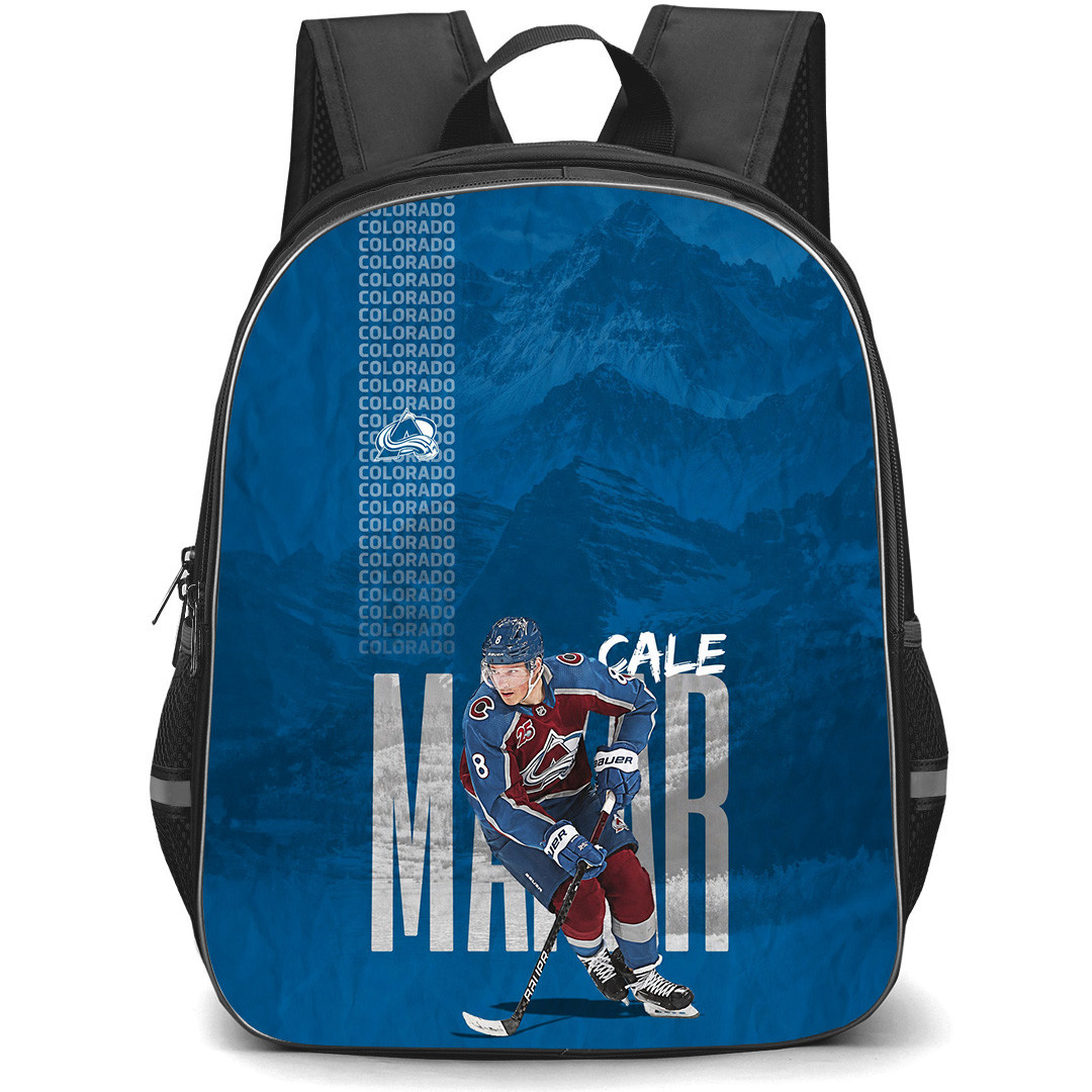 NHL Cale Makar Backpack School Bag StudentPack - Cale Makar Colorado Avalanche On Rocky Mountains Text Background Poster