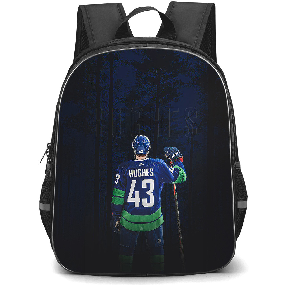 NHL Quinn Hughes Backpack School Bag StudentPack - Quinn Hughes 43 Vancouver Canucks Forest Night Hockey Theme Poster