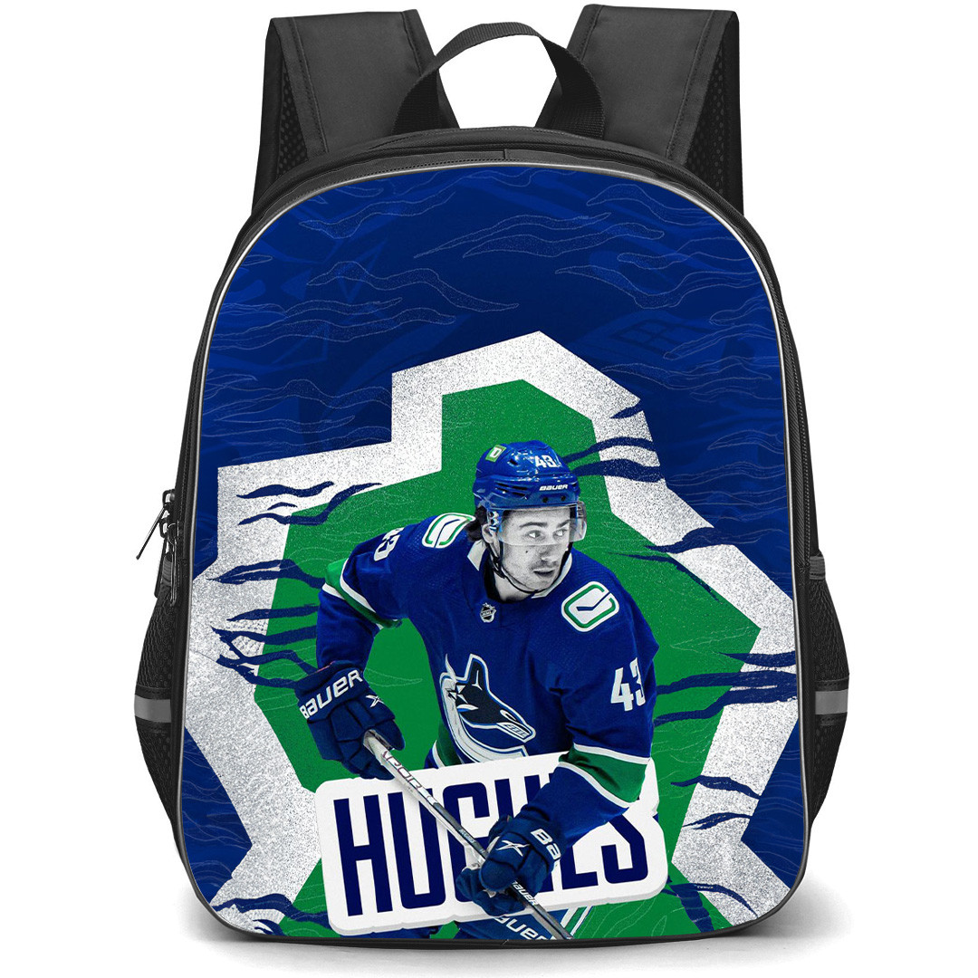 NHL Quinn Hughes Backpack School Bag StudentPack - Quinn Hughes Vancouver Canucks In Action Pose Over Green And Blue Graphic Background