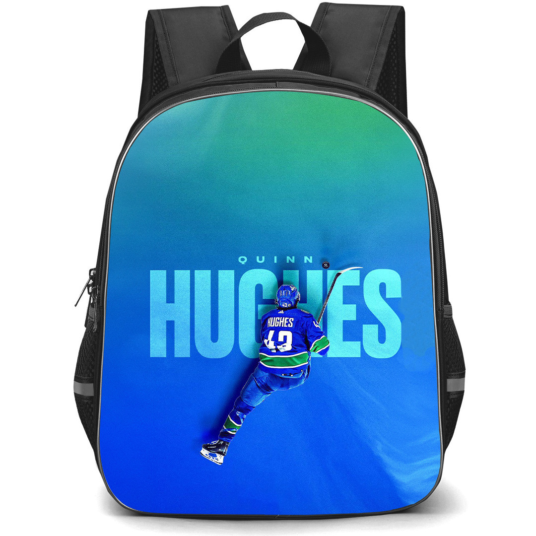 NHL Quinn Hughes Backpack School Bag StudentPack - Quinn Hughes Vancouver Canucks Dynamic Skating Action Shot On Word Art Blue Green Background