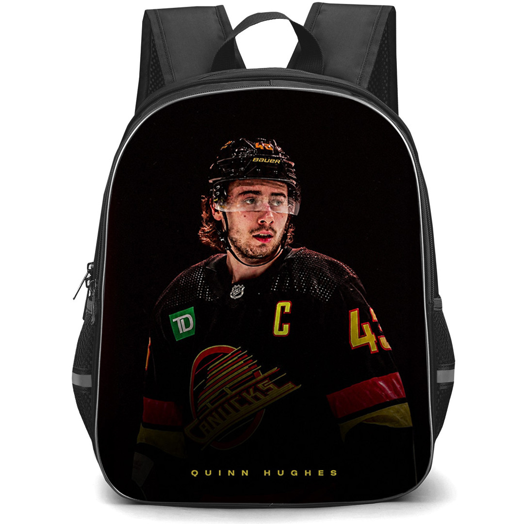 NHL Quinn Hughes Backpack School Bag StudentPack - Quinn Hughes Vancouver Canucks Portrait On Dark Background