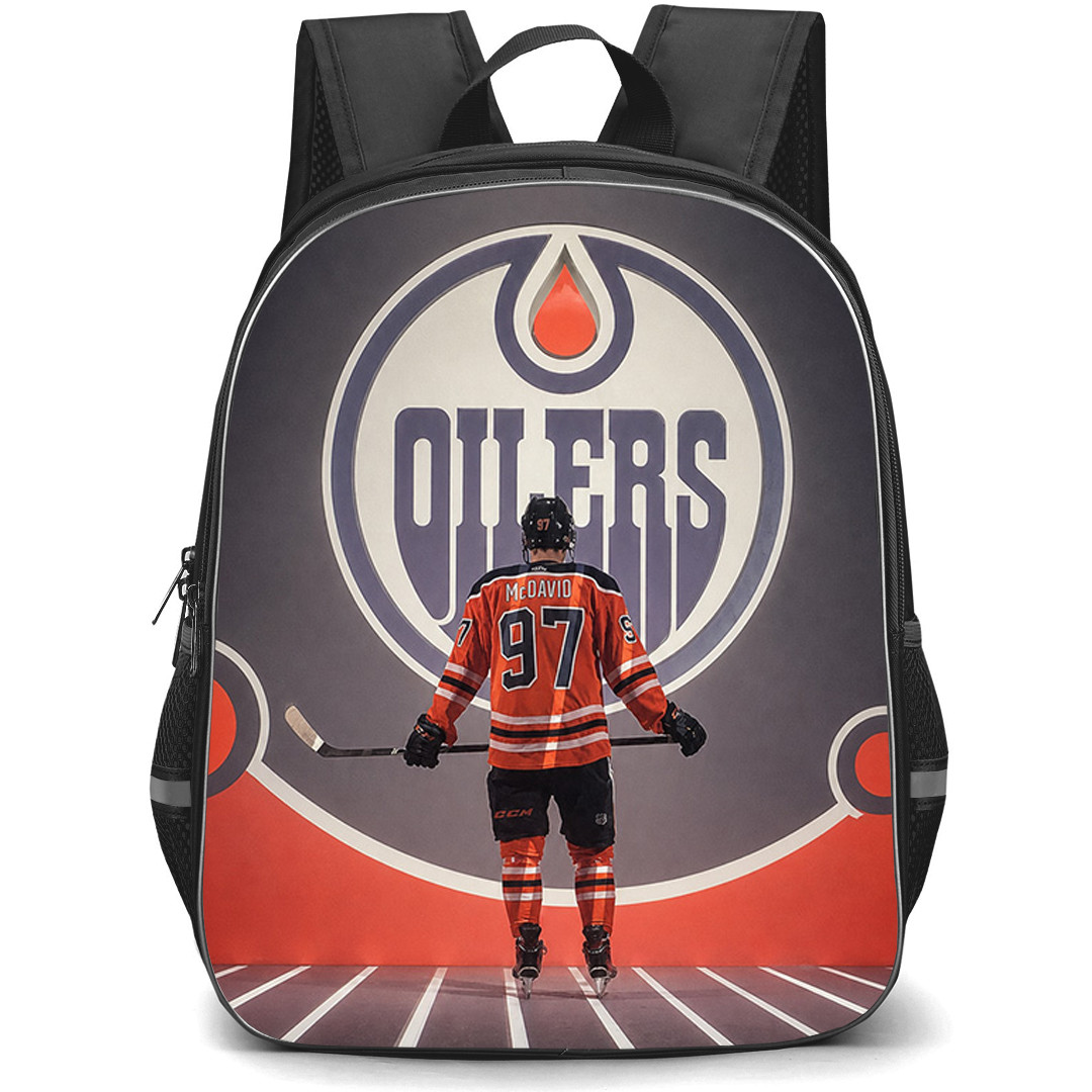 NHL Connor McDavid Backpack School Bag StudentPack - Connor McDavid 97 Edmonton Oilers Standing Back On Team Logo Background