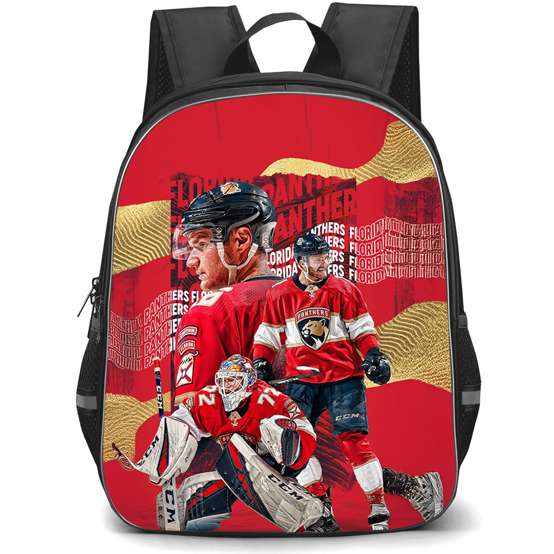 NHL Florida Panthers Backpack School Bag StudentPack - Florida Panthers 3 Players with Red and Yellow Stipes Background