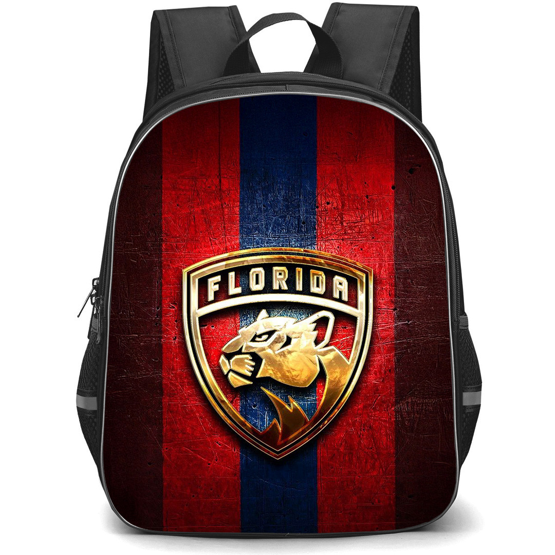 NHL Florida Panthers Backpack School Bag StudentPack - Florida Panthers Metalic Logo with Red and Blue Stipes Background