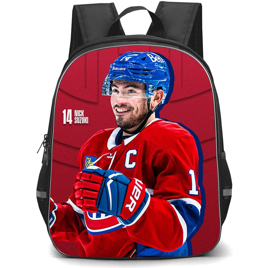 NHL Nick Suzuki Backpack School Bag StudentPack - Nick Suzuki Montreal Canadiens Smiling On Red Logo Background