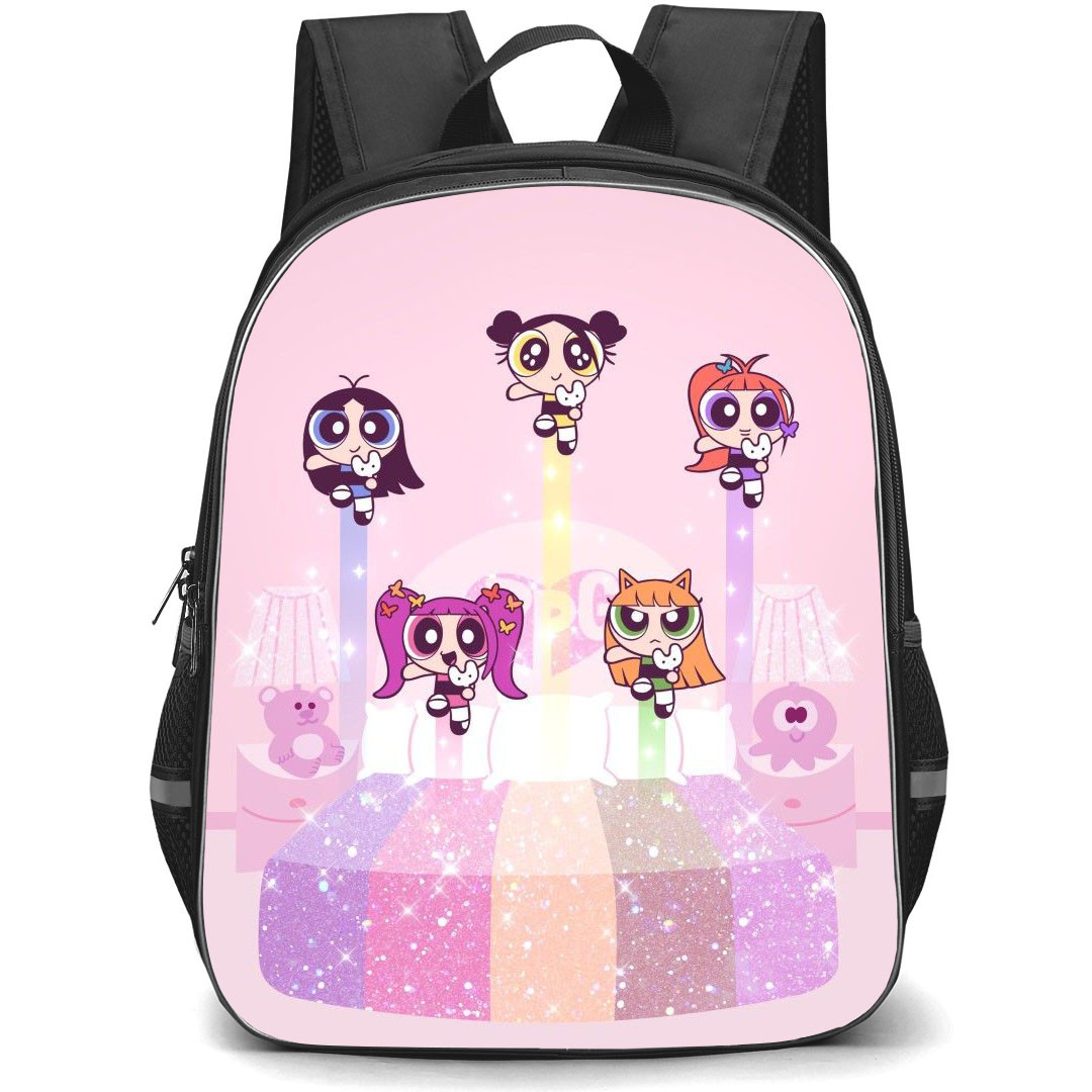 New Jeans Backpack StudentPack - New Jeans Members In The Powerpuff Girls Jumping On Pink Glitter Bed