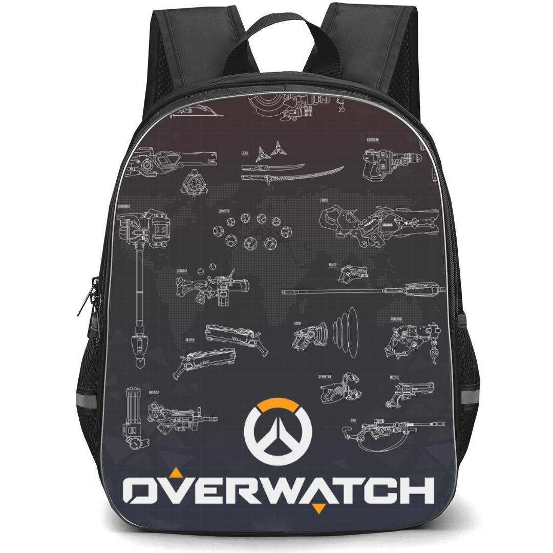 Overwatch Backpack StudentPack - All Weapons On Brown Background