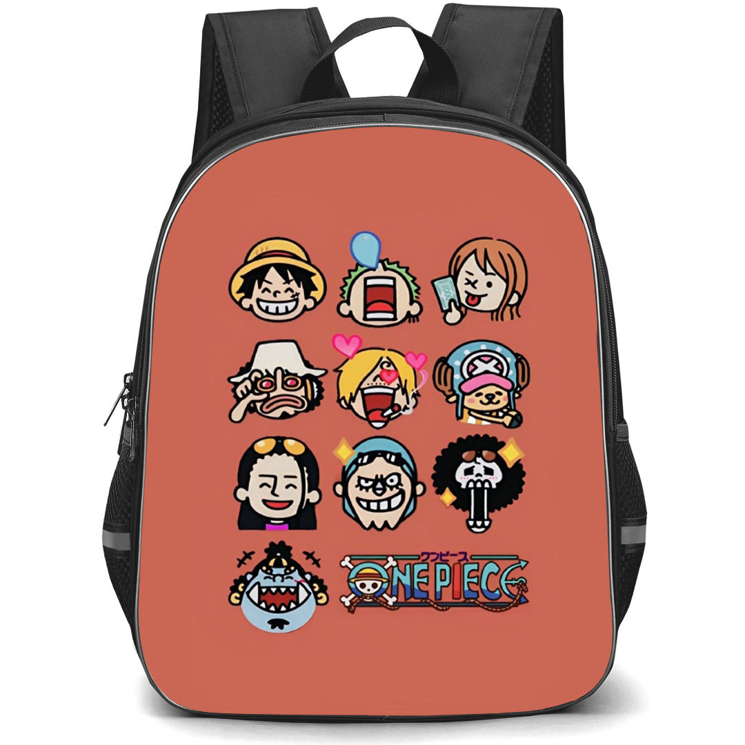 One Piece Straw Hat Pirates Backpack StudentPack - Straw Hat Pirate Chibi Members Icon Orange Background