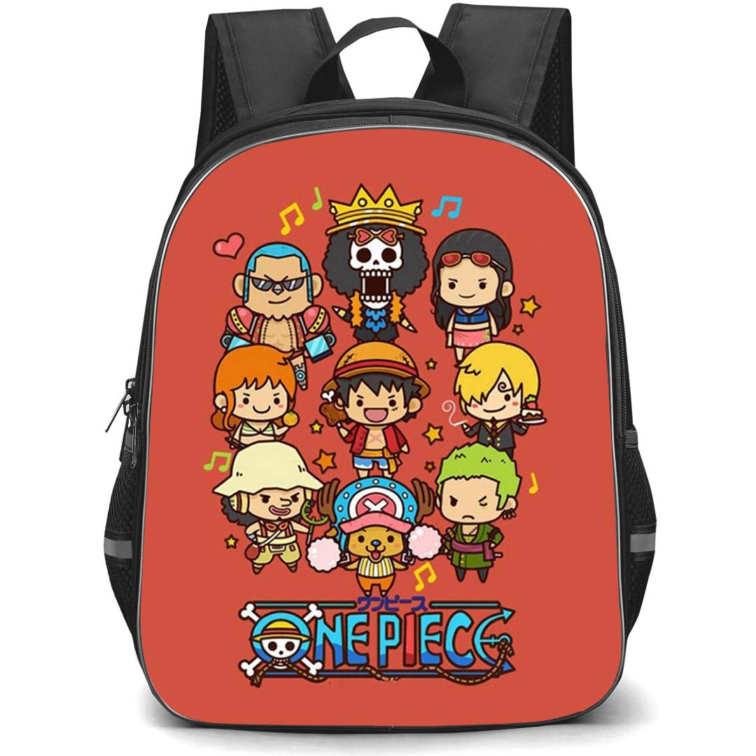 One Piece Straw Hat Pirates Backpack StudentPack - Straw Hat Pirate Chibi Members Singing Orange Background