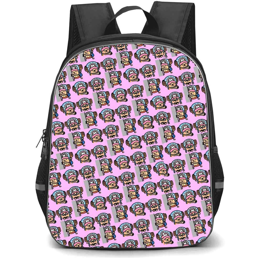 One Piece Chopper Backpack StudentPack - Chopper Chibi Avator Pattern Art On Pink Background