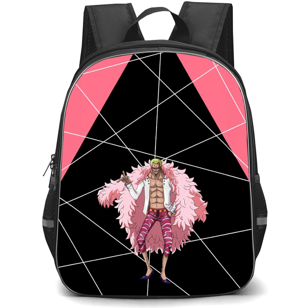 One Piece Doflamingo Backpack StudentPack - Doflamingo Signature Move Torikago Pink Black Background