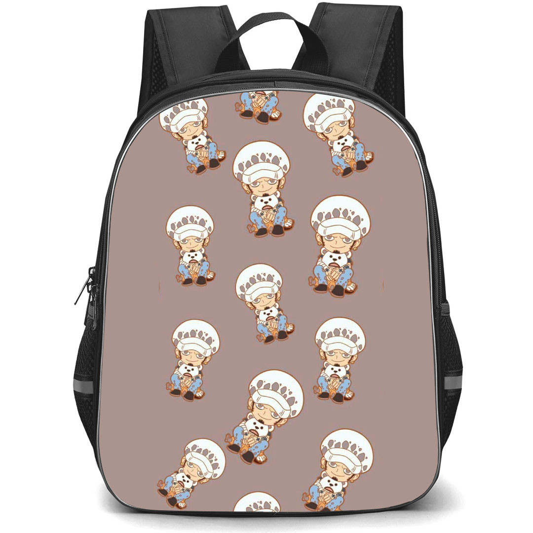 One Piece Trafalgar D Water Law Backpack StudentPack - Trafalgar D Water Law Chibi Sitting Portrait Pattern Art On Gray Background