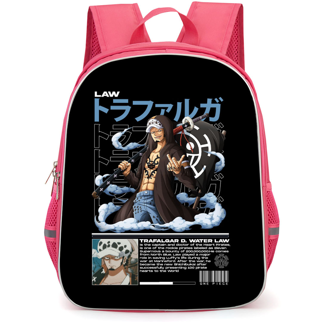 One Piece Trafalgar D Water Law Backpack StudentPack - Trafalgar D Water Law Introduction Poster Black Background