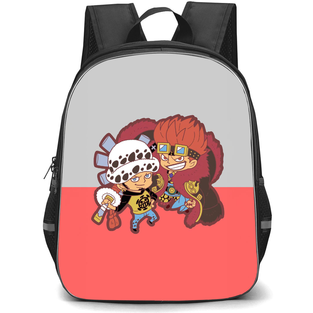 One Piece Backpack StudentPack - Law And Kid Chibi Portrait On Pink Gray Background