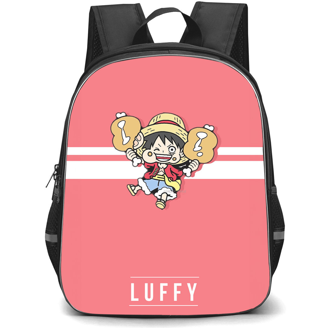 One Piece Luffy Backpack StudentPack - Luffy Chibi Eating Pink Stripe Background