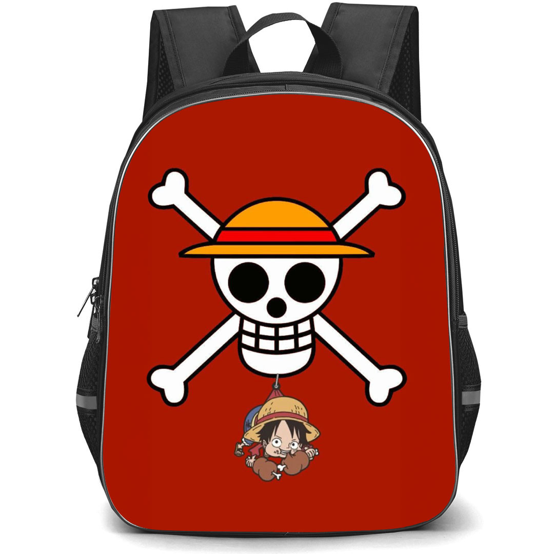 One Piece Luffy Backpack StudentPack - Luffy Hanging And Eating Red Background