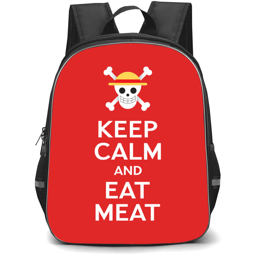 One Piece Luffy Backpack StudentPack - Luffy Keep Calm And Eat Meat Red Background