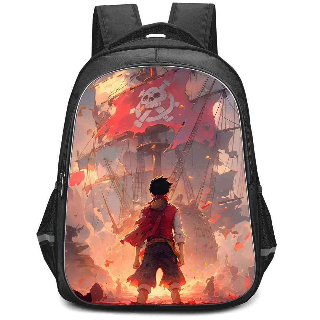 One Piece Straw Hat Luffy Backpack StudentPack - Straw Hat Luffy Standing In Front Pirates Ship