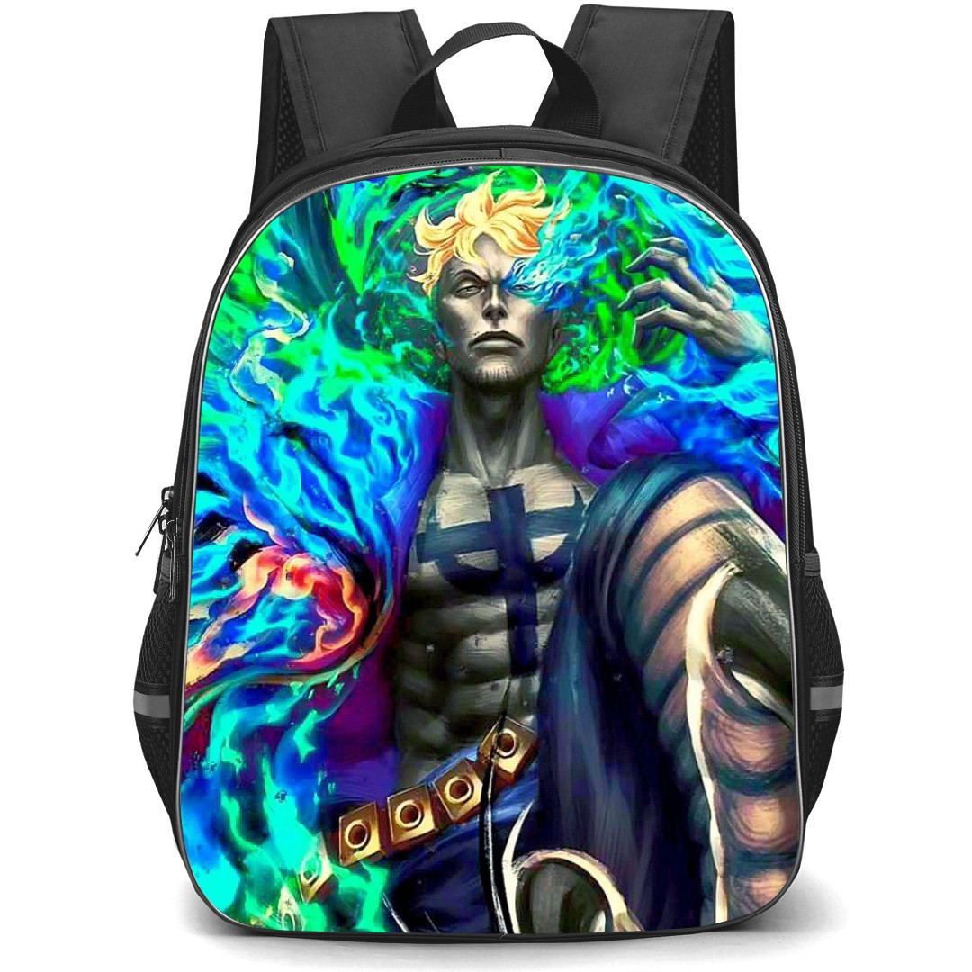 One Piece Marco School Backpack StudentPack - Marco Portrait Blue Green Flames Background