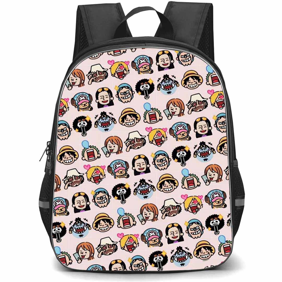One Piece Straw Hat Backpack StudentPack - Straw Hat Pirate Chibi Avatar Pattern Art On Pink Background