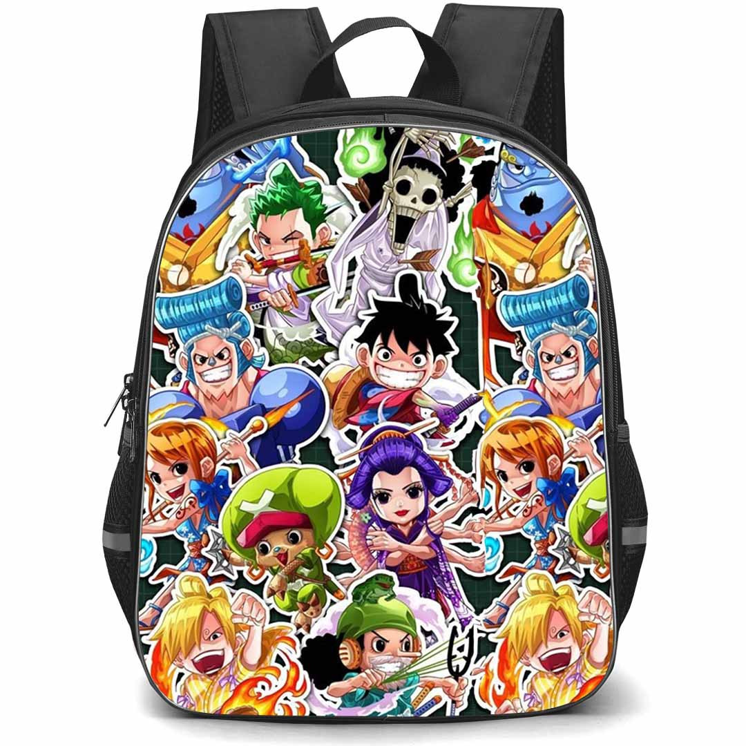 One Piece Straw Hat Backpack StudentPack - Straw Hat Pirate Chibi Member Sticker Collage