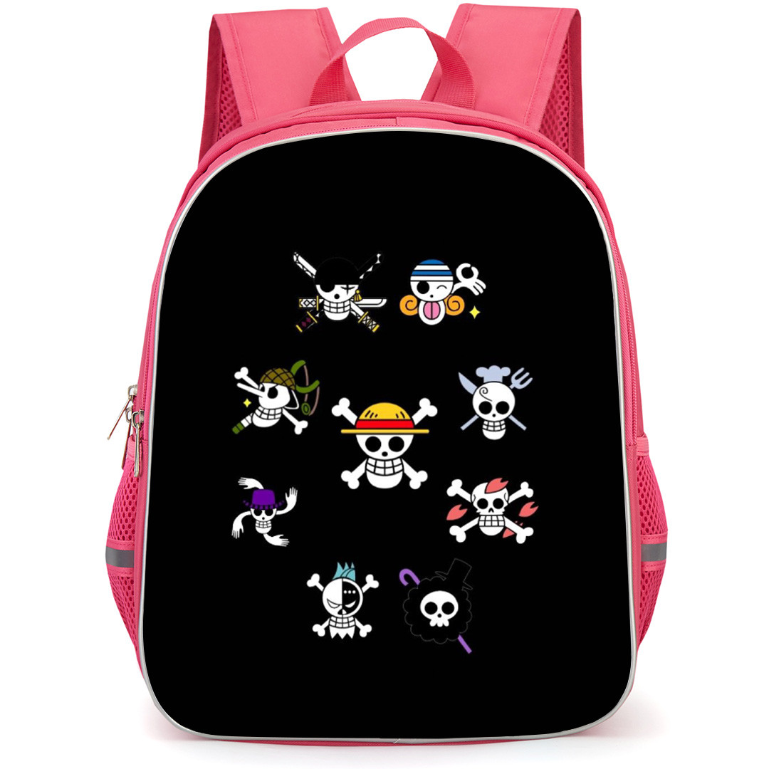 One Piece Straw Hat Backpack StudentPack - Straw Hat Pirate Members Logo Collage Black Background