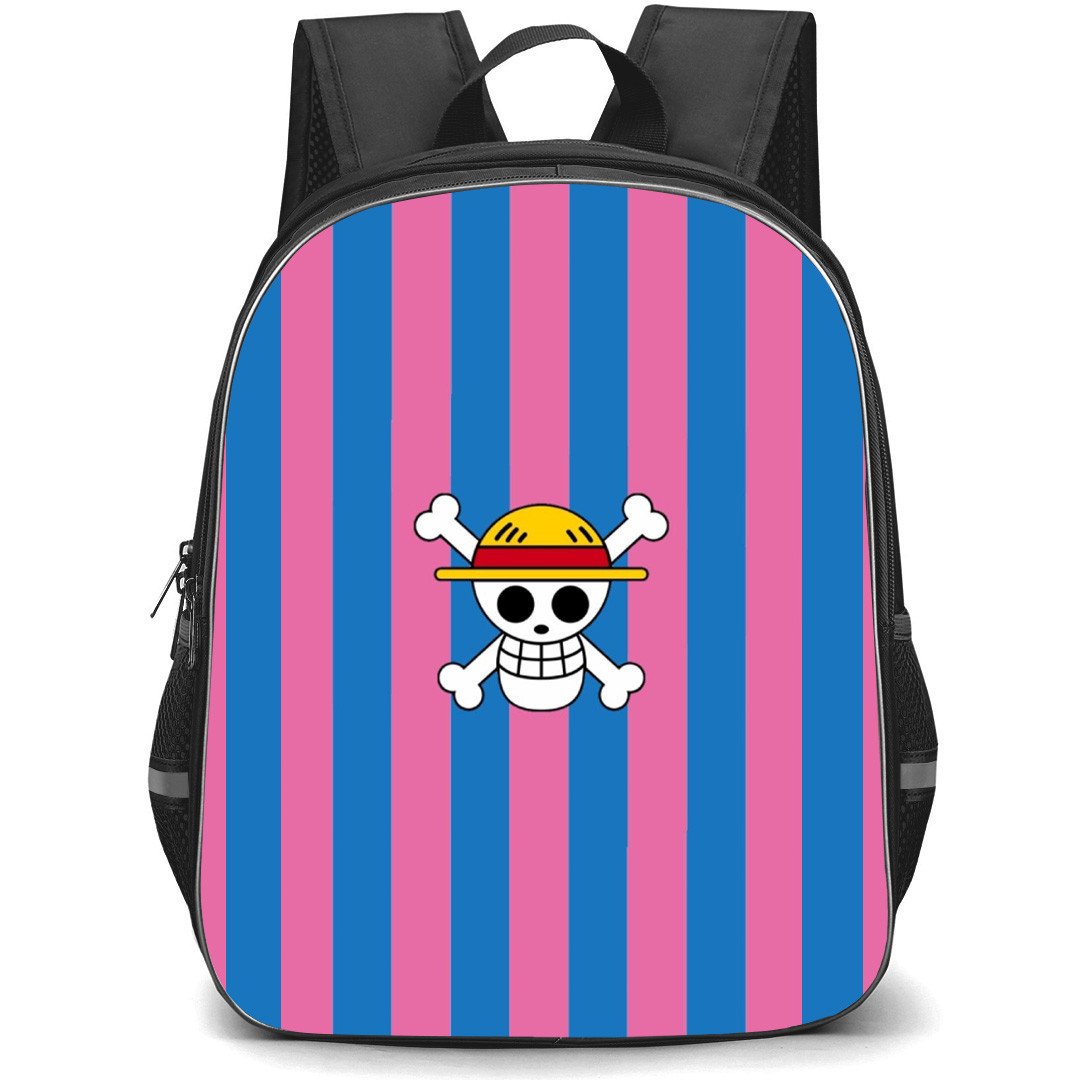 One Piece Straw Hat Backpack StudentPack - Straw Hat Pirate Logo Blue Pink Stripe