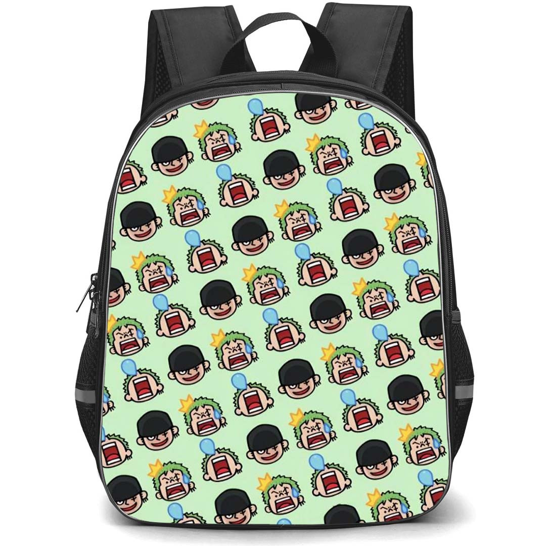 One Piece Zoro Backpack StudentPack - Zoro Chibi Avatar Pattern Art On Green Background