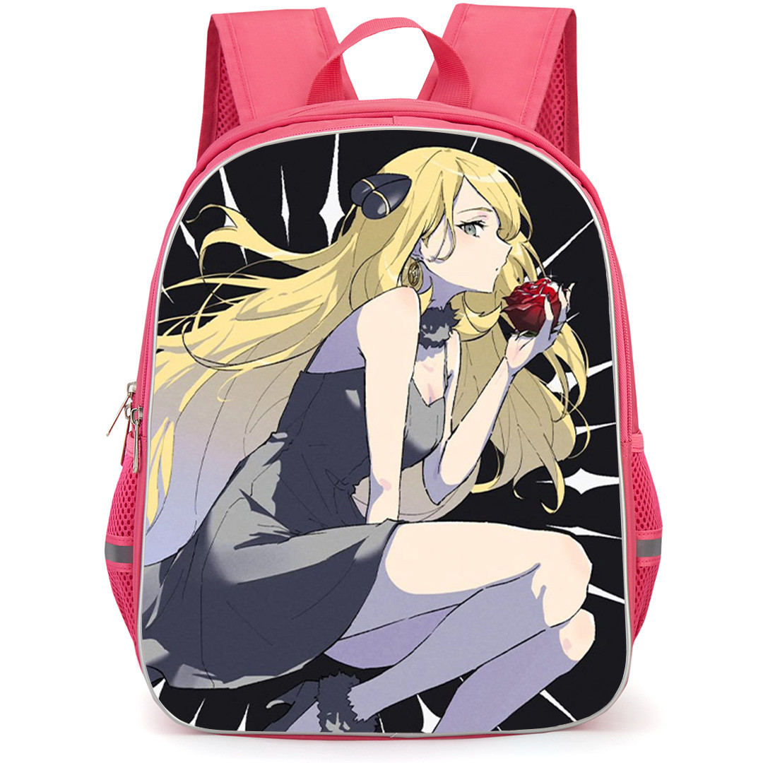 Pokemon Cynthia Backpack School Bag StudentPack - Pokemon Cynthia Holding Red Rose Illustration Art On Dark Background