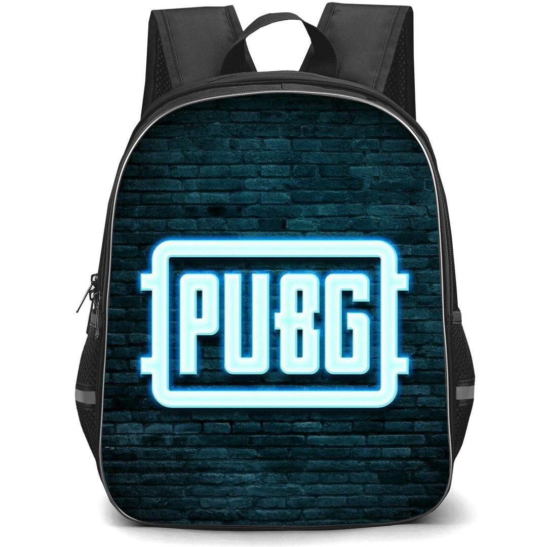 PUBG Backpack StudentPack - PUBG Logo Neon Light On Black Brick Wall