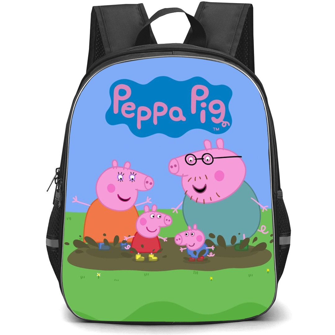 Peppa Pig School Backpack StudentPack - Pig Family Jumping In Mud Illustration