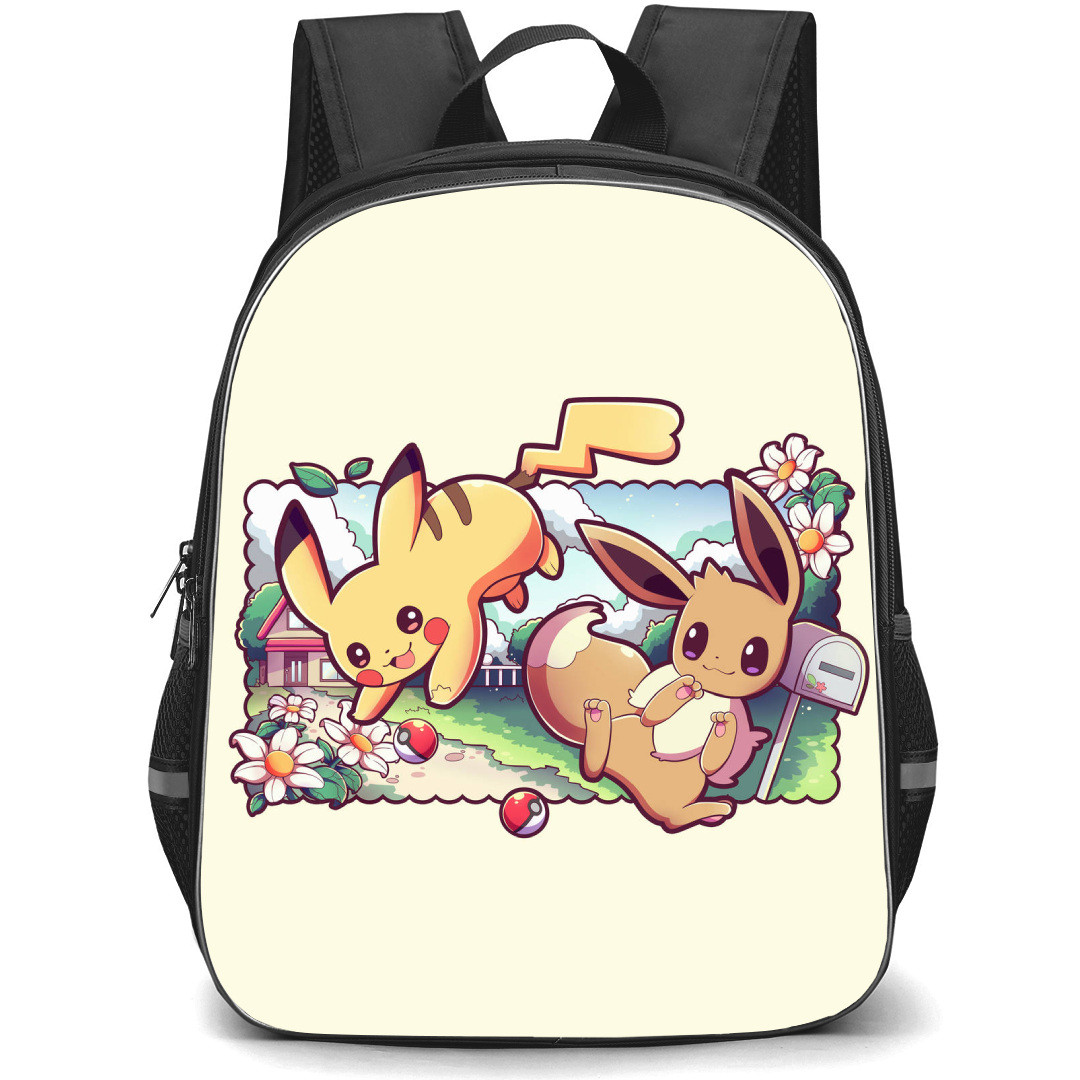 Pokemon Backpack StudentPack - Pikachu And Eevee Playing Cartoon Art