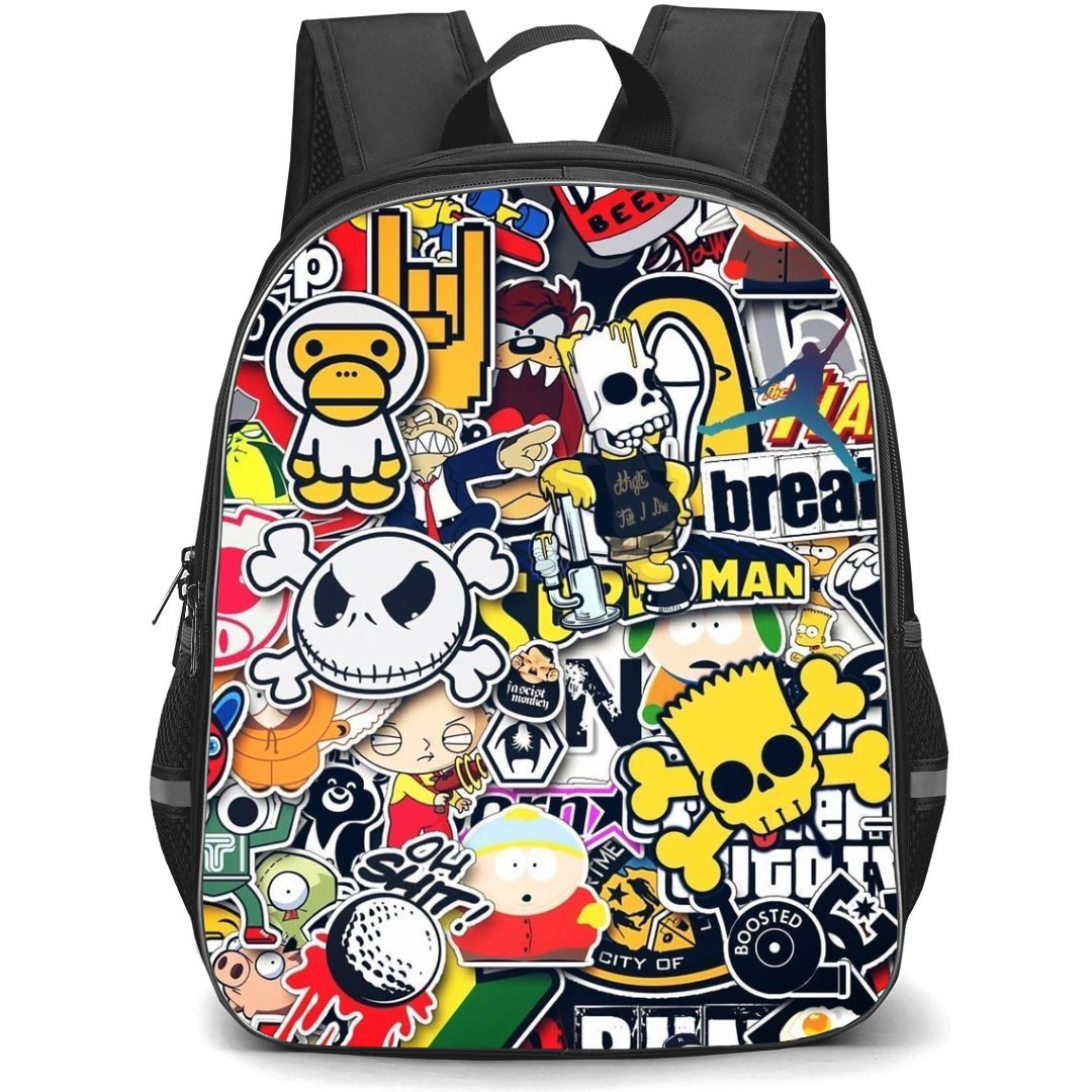 Pop Art Pattern Backpack StudentPack - Bape and Skulls Sticker Art Collage