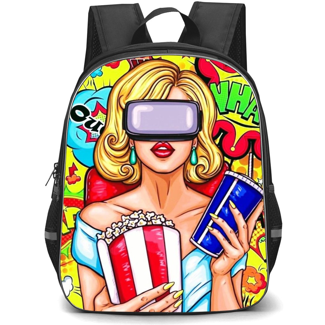 Pop Art Pattern Backpack StudentPack - Blonde Girl Watching in VR Boom Yellow Background