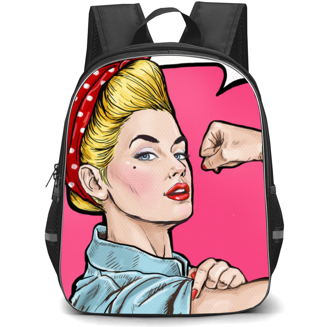 Pop Art Pattern Backpack StudentPack - Blonde Girl We Can Do it Pose