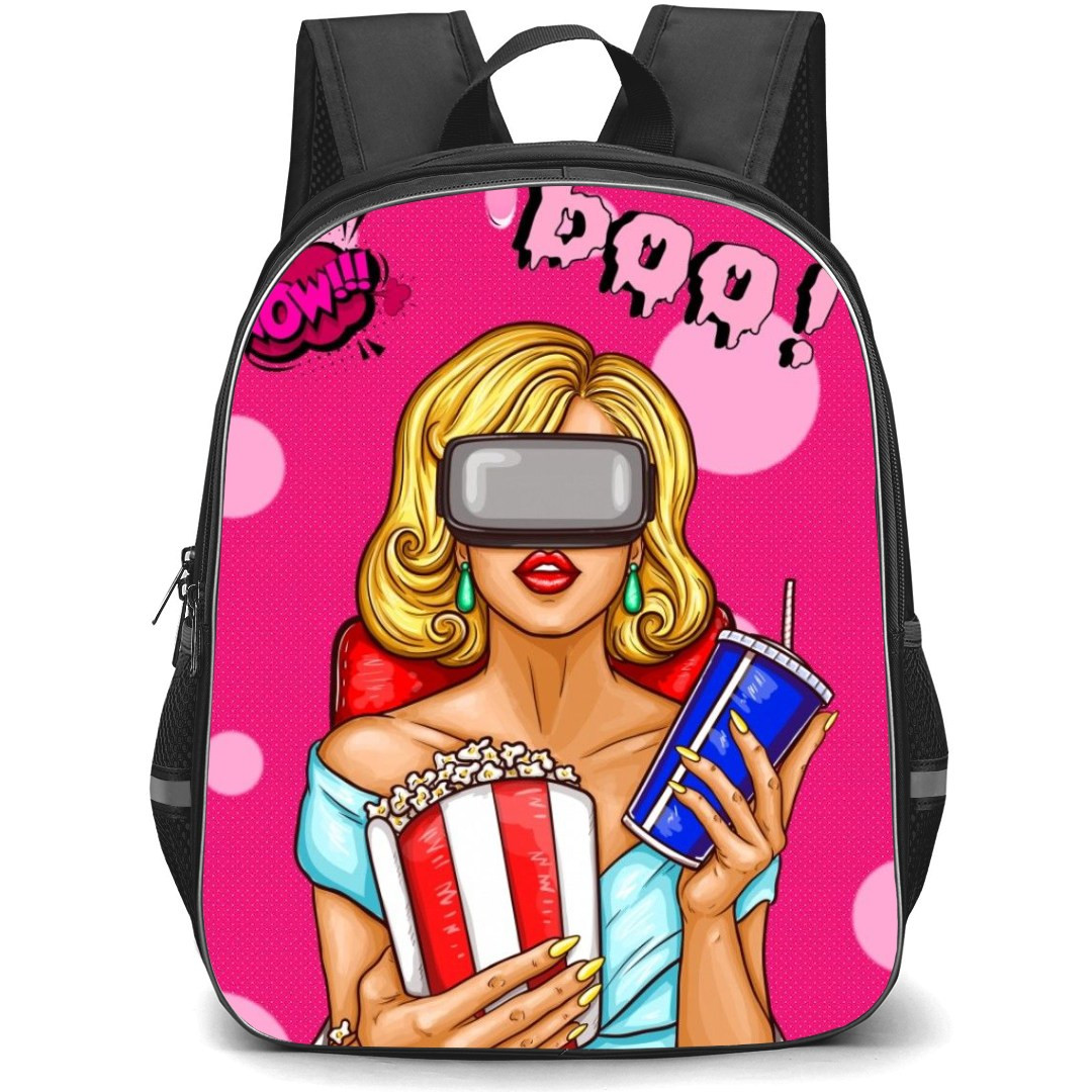 Pop Art Pattern Backpack StudentPack - Blonde Girl Watching in VR Wow Boo Pink Background