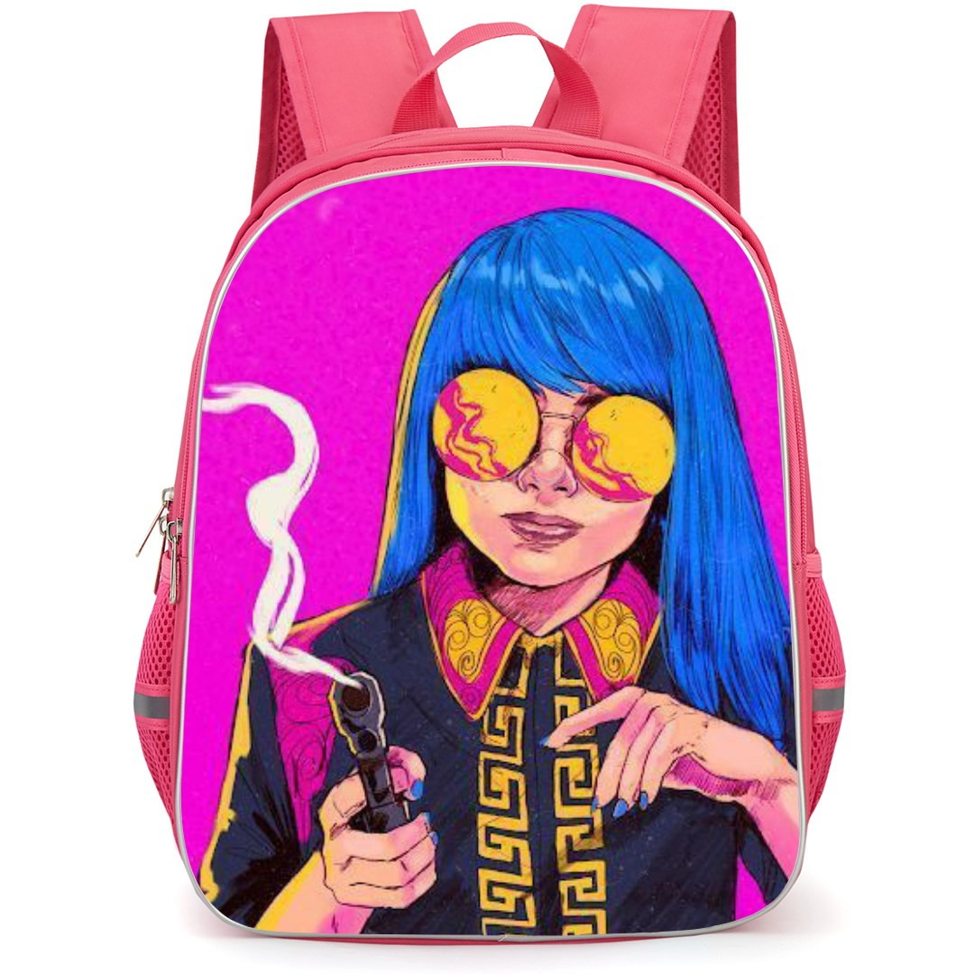 Pop Art Pattern Backpack StudentPack - Blue Hair Girl Fired a Pistol Pink Background