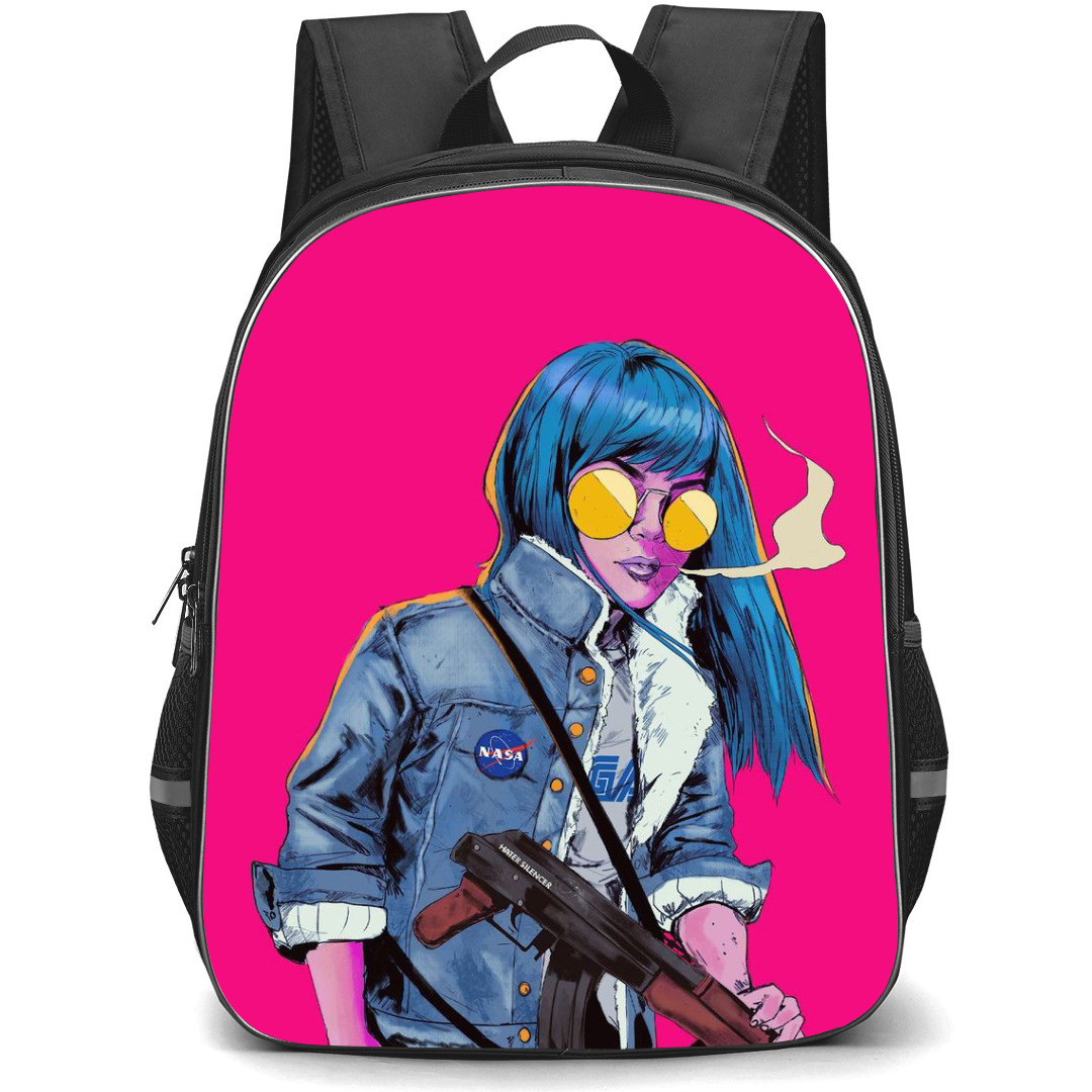 Pop Art Pattern Backpack StudentPack - Blue Hair Girl with Gun AK47 Pink Background