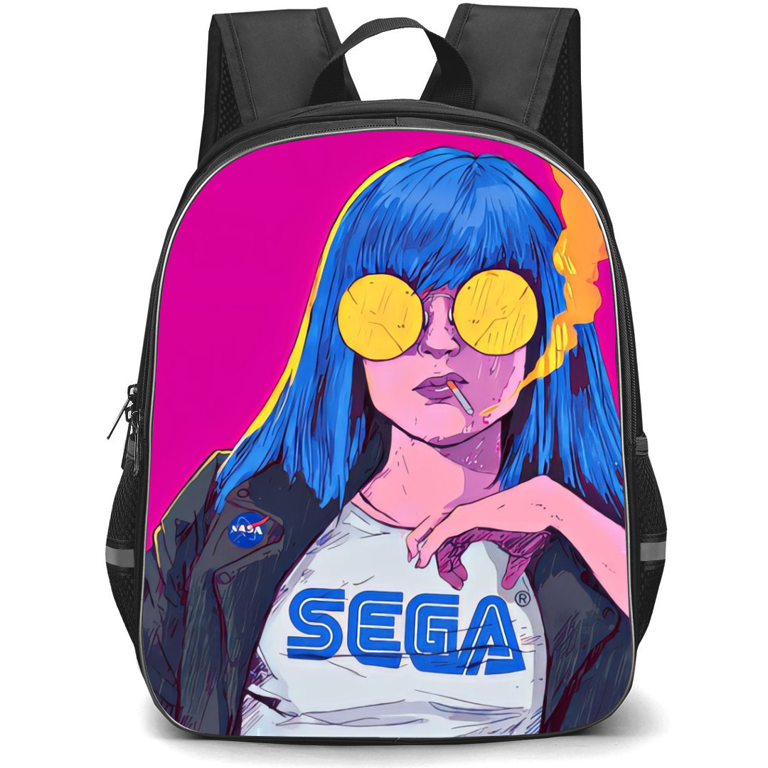 Pop Art Pattern Backpack StudentPack - Blue Hair Girl Smirk Smoking Cigarette