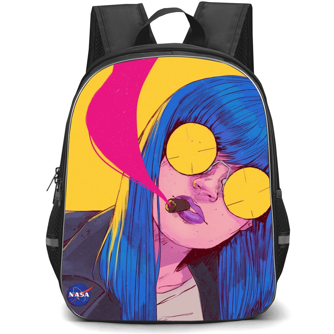 Pop Art Pattern Backpack StudentPack - Blue Hair Girl Smoking Tobacco