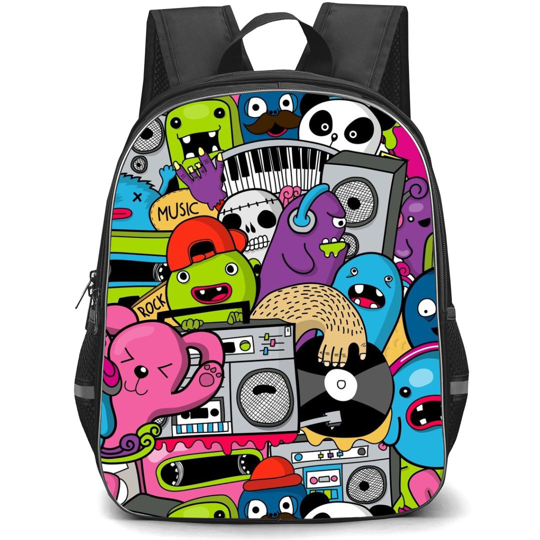 Pop Art Pattern Backpack StudentPack - Boom Box Doodle Monsters Collage