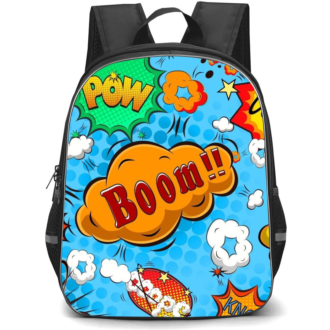 Pop Art Pattern Backpack StudentPack - Boom Oops Bang Light Blue Background